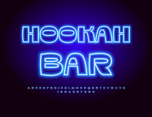 Vector glowing advertisement Hookah Bar. Neon trendy Font. Blue illuminated Alphabet Letters and Numbers set