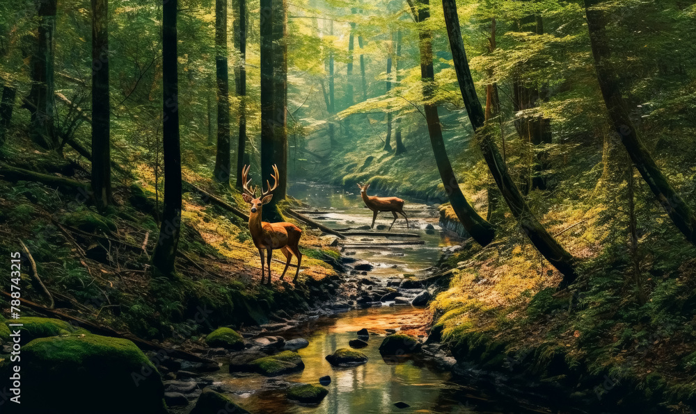 Poster a deer is standing in the middle of a forest with a river running through it. the scene is peaceful 