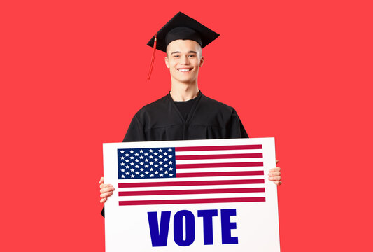 Male graduate student with blank poster on red background - Powered by Adobe