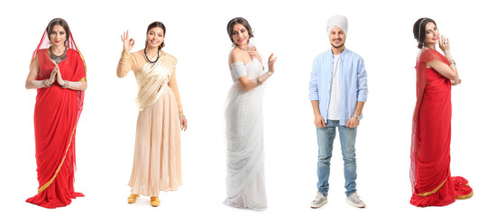 Set of young Indian people on white background