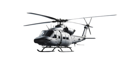 A realistic painting of a black and white military helicopter hovering in mid-air against a transparent background