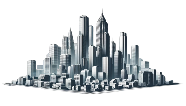 A grayscale illustration of a city skyline