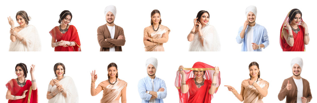 Collage of young Indian people on white background
