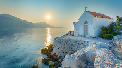 A serene Greek chapel by the sea at sunrise, exuding tranquility and beauty amidst the soft hues of dawn. - obrazy, fototapety, plakaty
