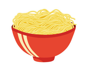 Yellow long noodles ramen in a red bowl. Oriental asian food. Vector illustration.