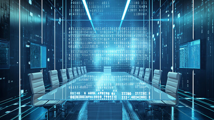 A modern conference room with binary code on the walls, a big screen displaying data and numbers with blue lighting and a high-tech style creating a futuristic vibe