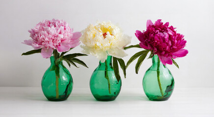 Colorful peony flowers in individual green glass vases