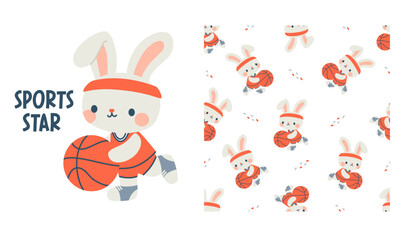 Vector set for printing on children's products. Cute hare playing basketball, white rabbit with ball. Seamless vector pattern for printing . Vector illustration