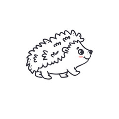 Cute cartoon hedgehog Isolated on white. Funny forest character. Doodle. Coloring page. Vector illustration
