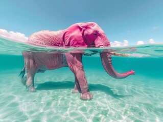 Photography of the pink elephant passes through clear water, one half is under the water and the other half is above, half screen is underwater and the other half is against clear blue sky - obrazy, fototapety, plakaty