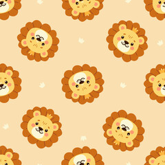 Cute lion faces and a crown. Vector Pattern on beige background for printing on children's products. Vector illustration