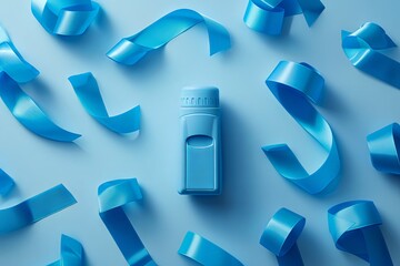 Asthma inhaler and blue ribbons. World Asthma Day - obrazy, fototapety, plakaty