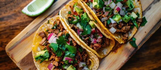 Close-up shot from above of two Mexican street tacos - Powered by Adobe