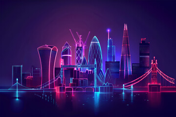 London city neon lights night skyline vector outline glowing