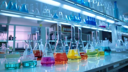 a modern laboratory with rows of chemical flasks filled with brightly colored liquids, under the soft glow of blue overhead lights