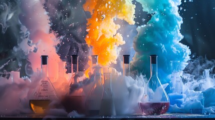 Laboratory explosion moment captured with a burst of color and smoke from a failed experiment, emphasizing the unpredictable nature of chemical research.
