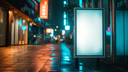 Blank Advertising Billboard on a Bustling City Street at Night