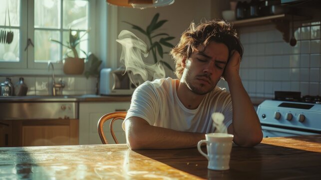 Exhausted man sitting at kitchen table with a coffee cup early in the morning. Daily life and stress concept. Design for mental health awareness materials, poster, blog