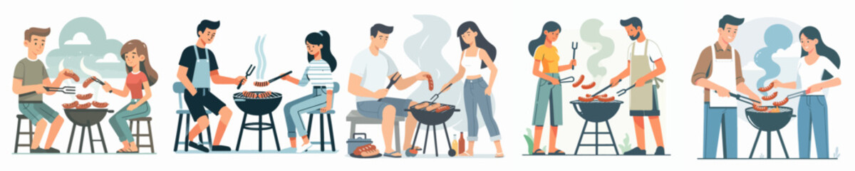 vector set of couple grilled sausages in flat design style