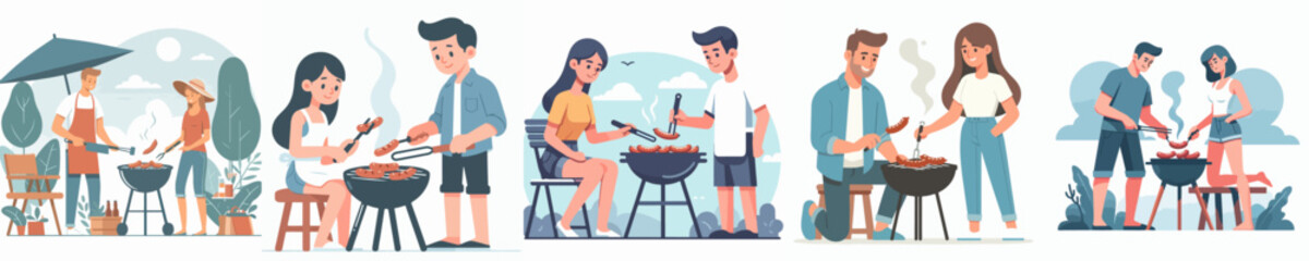 vector collection of happy couple grilling sausages