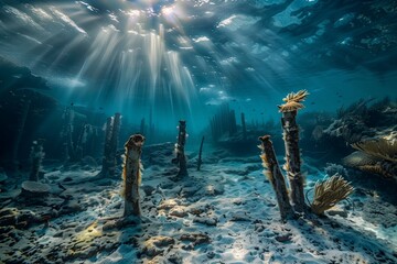 Sunlit underwater scape with marine flora
