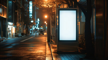 Blank Advertising Billboard on a Bustling City Street at Night