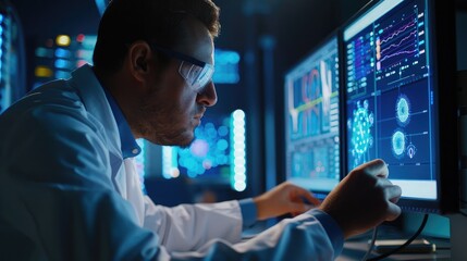 scientist analyzing data on a computer screen, studying the biomechanics of an athlete's movements