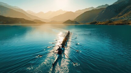 rowing team gliding across tranquil waters, synchronized in motion and determination - obrazy, fototapety, plakaty