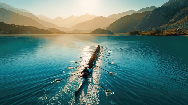 rowing team gliding across tranquil waters, synchronized in motion and determination