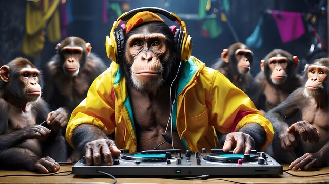 A funky chimpanzee DJ, wearing oversized headphones and a colorful tracksuit, mixing beats on a turntable while a group of curious monkeys look on.