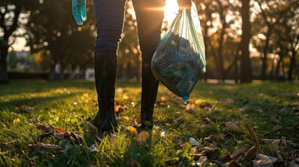person wearing gloves and holding a trash bag, cleaning up litter in a park to promote environmental cleanliness and waste management. - obrazy, fototapety, plakaty