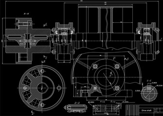 Assembly drawing of reducer. Vector drawing of steel mechanical device with shaft, gear, 
electric engine, bolted connection and dimension lines. Engineering cad scheme. Technical template. 