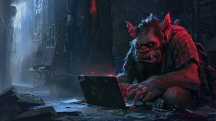 Digital Troll in Urban Ruins: fantasy creature technology, urban fantasy setting, troll digital era