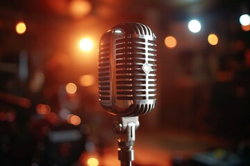 Retro style microphone on background with backlight, colorful light with microphone closeup, retro microphone closeup with colorful light background, microphone closeup, retro microphone, mic closeup