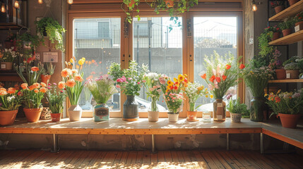   A room teeming with numerous potted plants atop a wooden table, adjacent to a vast window