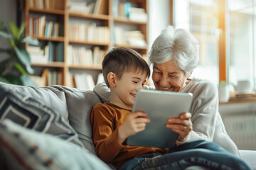 Grandmother with his grandson, watching a tablet together and have a cheerful time. Cosy interior bookshelves in the background - Powered by Adobe