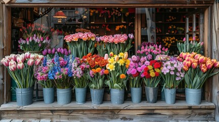   A window sill adorned with flowers in buckets, facing a wooden structure - obrazy, fototapety, plakaty