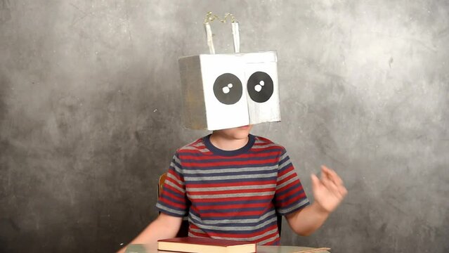 Student Child Wearing Funny Robot Mask in Classroom School