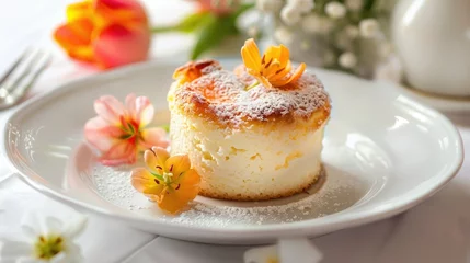 Foto op Canvas A delectable souffle adorned with delicate tulip blooms graced the pristine white table © 2rogan