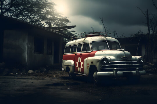 Emergency car, ambulance car, old ambulance, driving abulance car