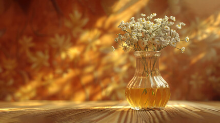   A vase, brimming with white blooms, sits atop a weathered wooden table Beyond, a golden wall stretches in the background