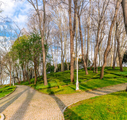 Gulhane Park Water screen in Istanbul. Paths, trees and flower beds in a park in Istanbul.