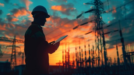 A man wearing a hard hat is looking at a tablet while standing in front of a pow