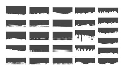 Set of separators, shapes for websites and mobile apps. Curves, lines, drops, waves, circles and triangular dividers for top or bottom page. Frame of header. Grunge shapes, corners - 788749818