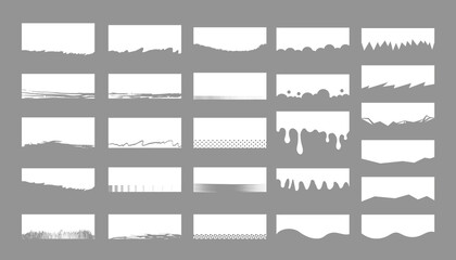Set of separators, shapes for websites and mobile apps. Curves, lines, drops, waves, circles and triangular dividers for top or bottom page. Frame of header. Grunge shapes, corners