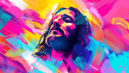 Vibrant Abstract Digital Painting of Jesus Christ in a Multicolored Palette