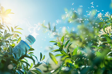 Inhaler releasing medication amidst lush greenery. World Asthma Day