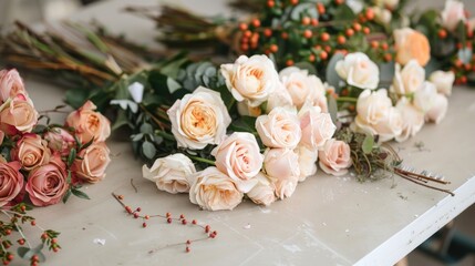 Assorted Flowers: Roses and greenery, top-down view, workspace
