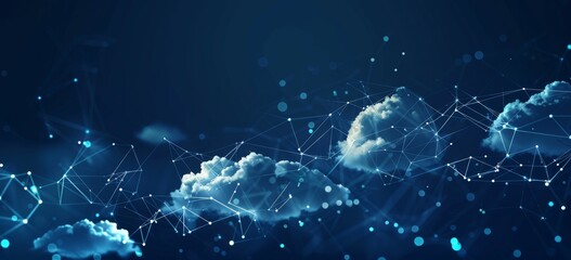 Digital background featuring cloud technology, with glowing blue and white clouds on a dark navy background Generative AI - obrazy, fototapety, plakaty