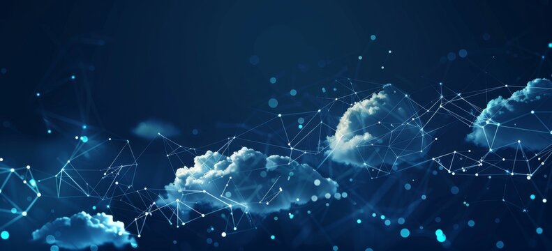 Digital background featuring cloud technology, with glowing blue and white clouds on a dark navy background Generative AI
